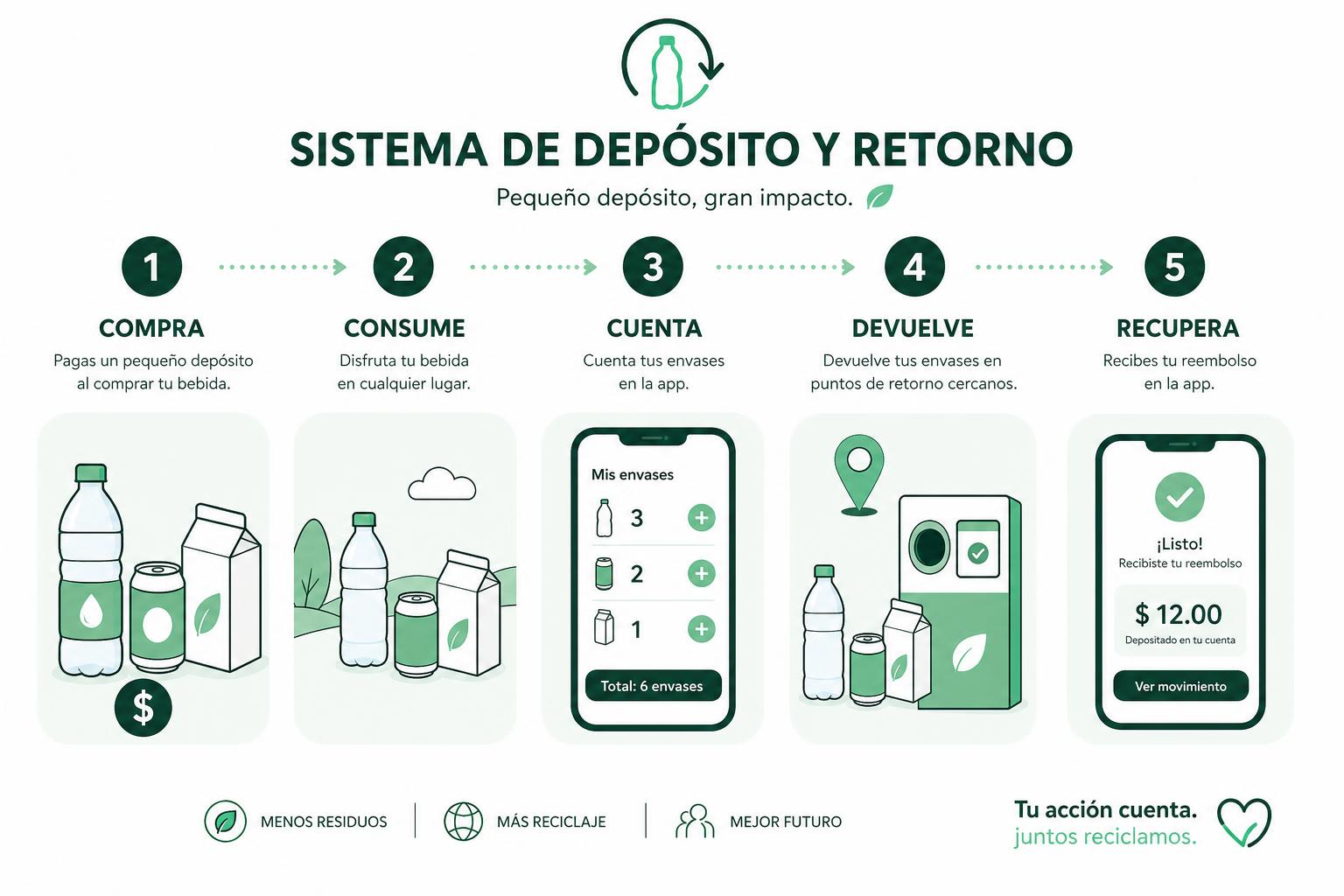 Infografía del sistema de depósito, devolución y retorno en cinco pasos